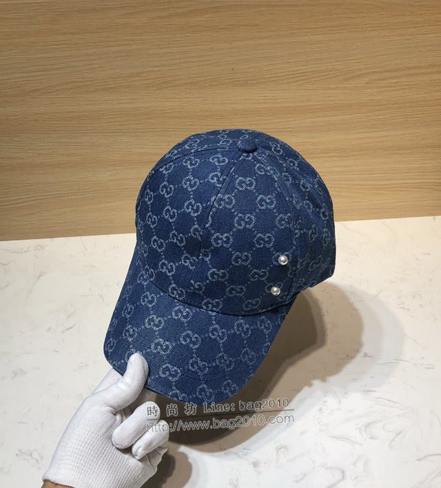 Gucci新品女士帽子 古馳做舊牛仔珍珠鴨舌帽棒球帽  mm1592